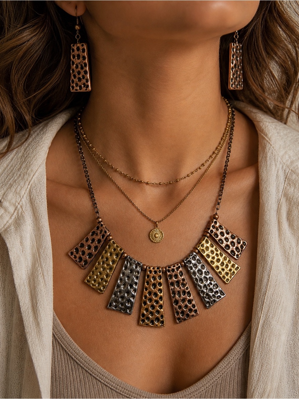 Mixed Metal Statement Bib Necklace Hammered Gold Silver Copper‎ Layered Style